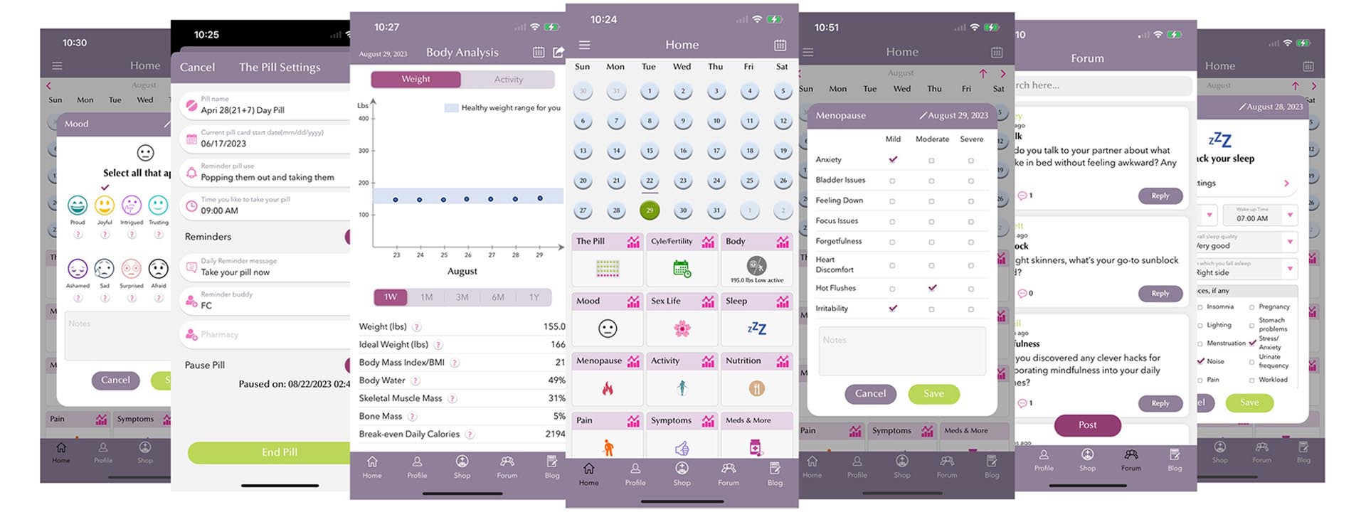 [4:24 PM] Naresh Kumar App screens image: Image Alt Tag - Composite image of various screens from the Ginger-U app, displaying features such as mood tracking, pill settings, body analysis charts, calendar view for cycle tracking, menopause symptom checklist, forum discussions, and sleep monitoring options.