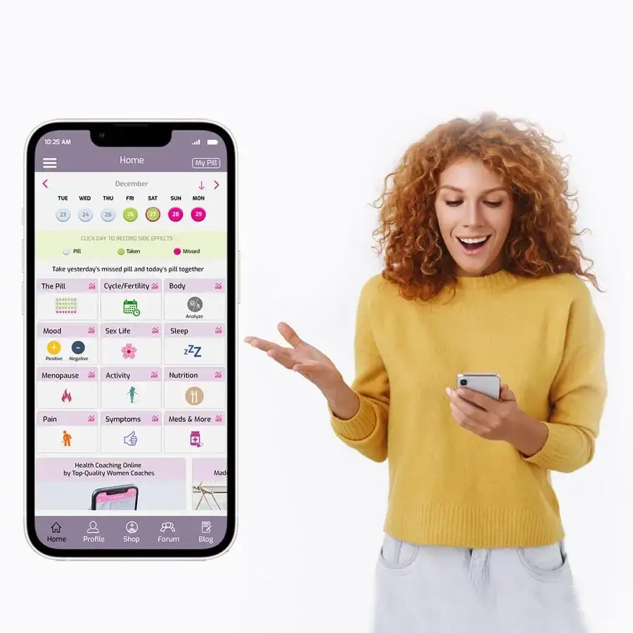 Happy woman engaging with a comprehensive health app, representing the start of a transformative health journey with Ginger-U's whole health platform, offering tracking from periods through menopause and support from expert coaches.